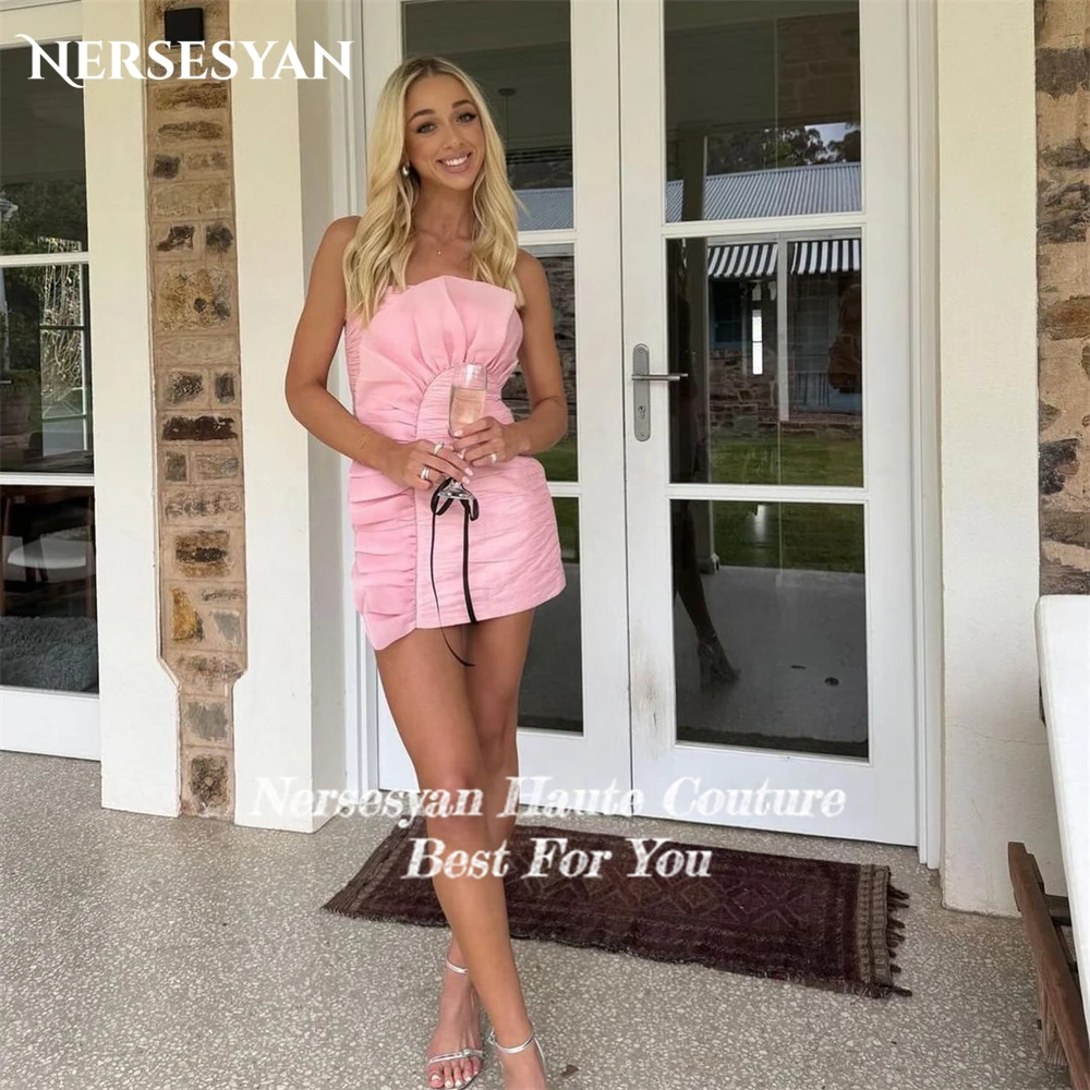 Nersesyan Dusty Rose Tulle Evening Dresses Off Shoulder Draped Pleats Mini Prom Dress Sleeveless Backless Party Gowns 2024