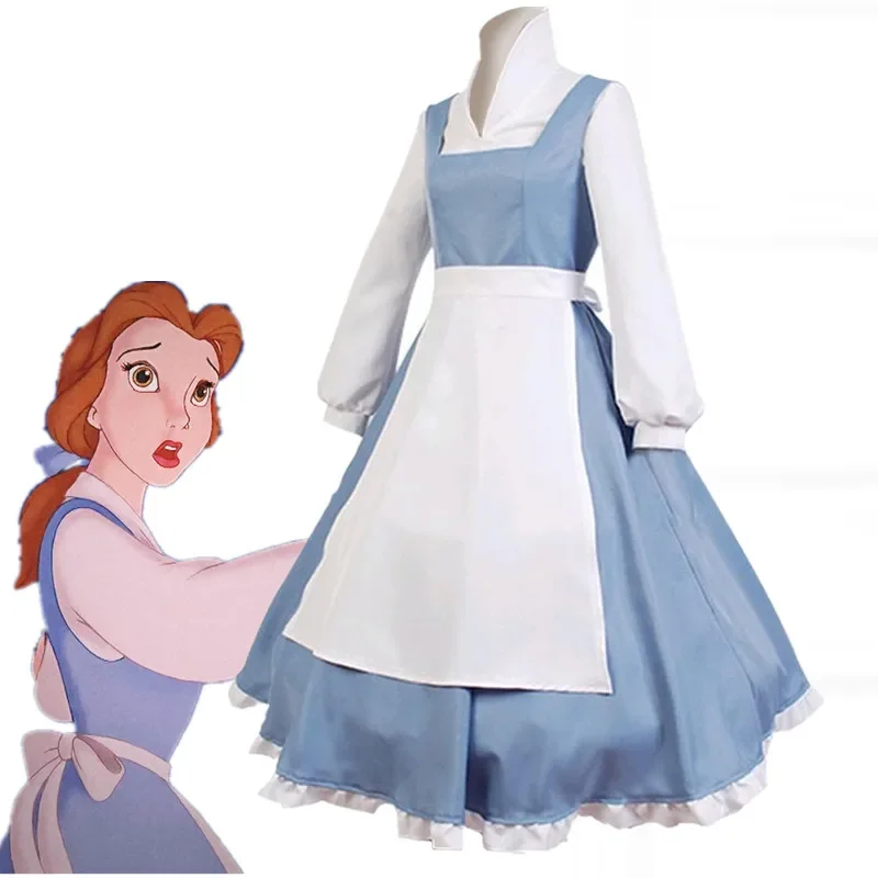 Adult Women Belle Blue Maid Dress Cosplay Costume Women Blue Full Set Dress Halloween Costume Adult Beauty And The Beast Belle U