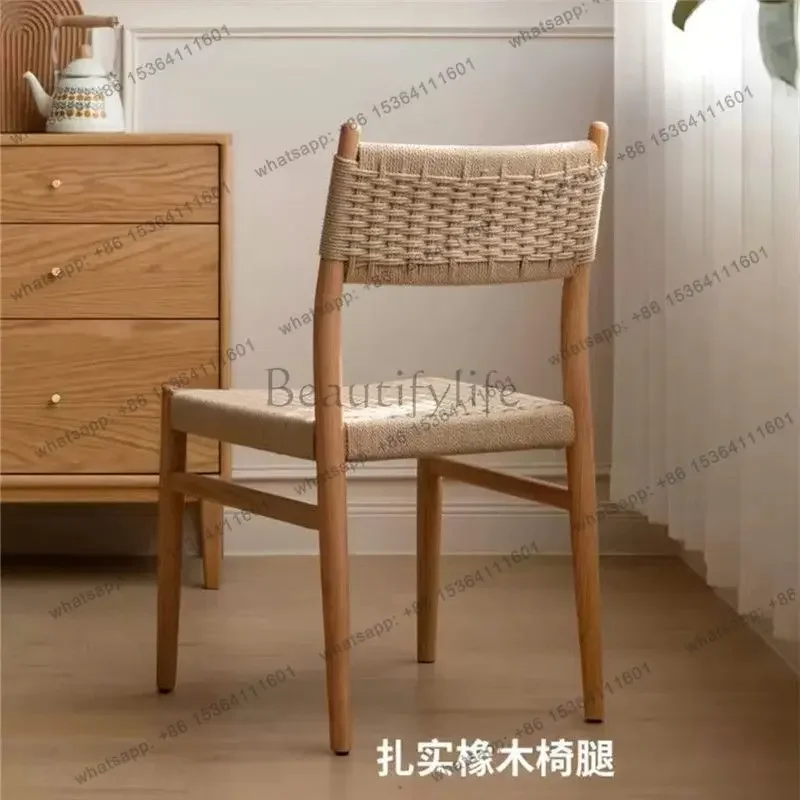 

yj57 Nordic solid wood dining chair backrest rope knitted home casual vintage chair