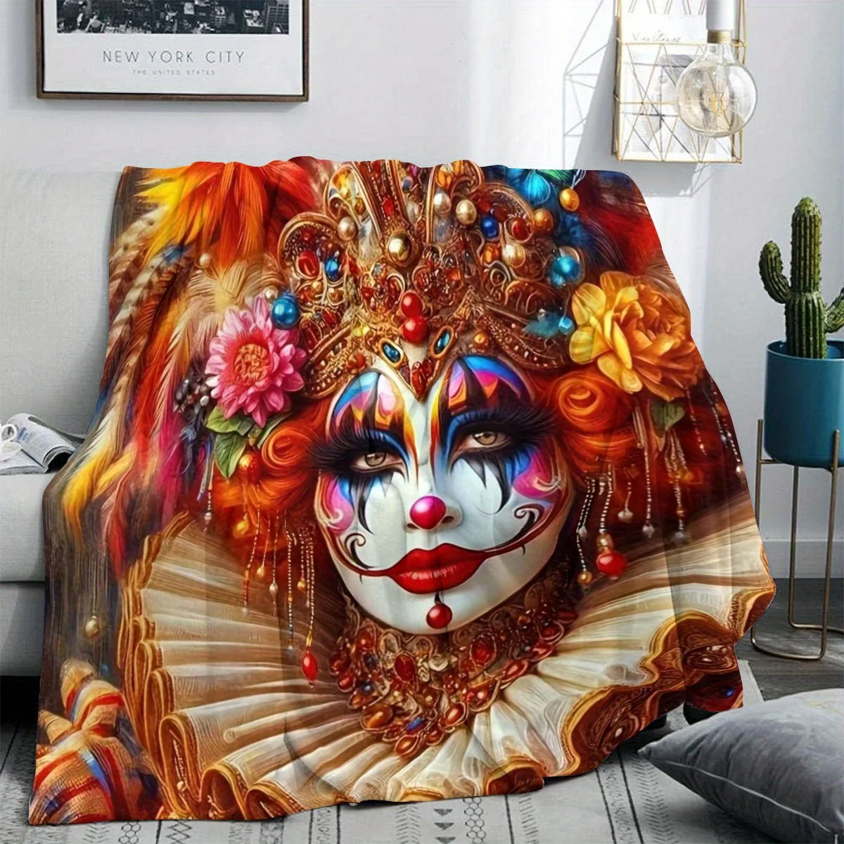 Artistic Clown Portrait Print Throw Blanket Boho Circus Carnival Decorative Luxury Cozy Sofa Throw Gift for Bedroom Accent Decor