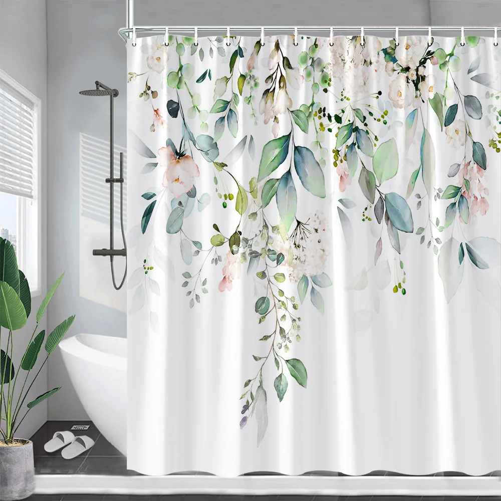 Blue Eucalyptus Leaves Shower Curtains Watercolor Flowers Plant Leaf Bath Curtain Set Polyester Fabric Bathroom Decor with Hooks