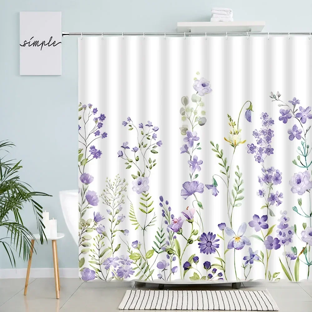 Purple Floral Shower Curtains Rustic Watercolour Flowers Plant Green Leaves Print Fabric Bathroom Decor Bathtub Bath Curtain Set