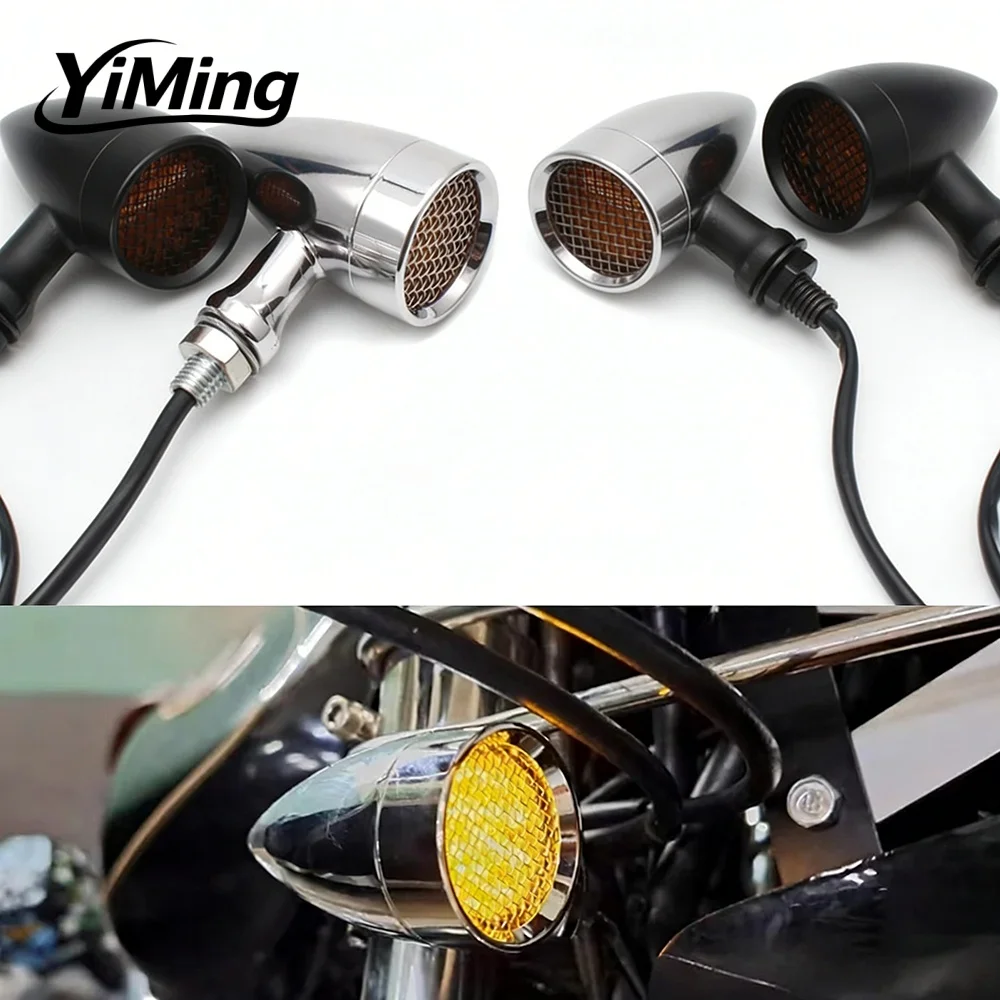 オートバイ-12v-アンバーメッシュレンズ-led-ターンシグナルブレーキライトアクセサリー-10-ミリメートルアルミハウジングハーレーチョッパーボバーカフェレーサー用