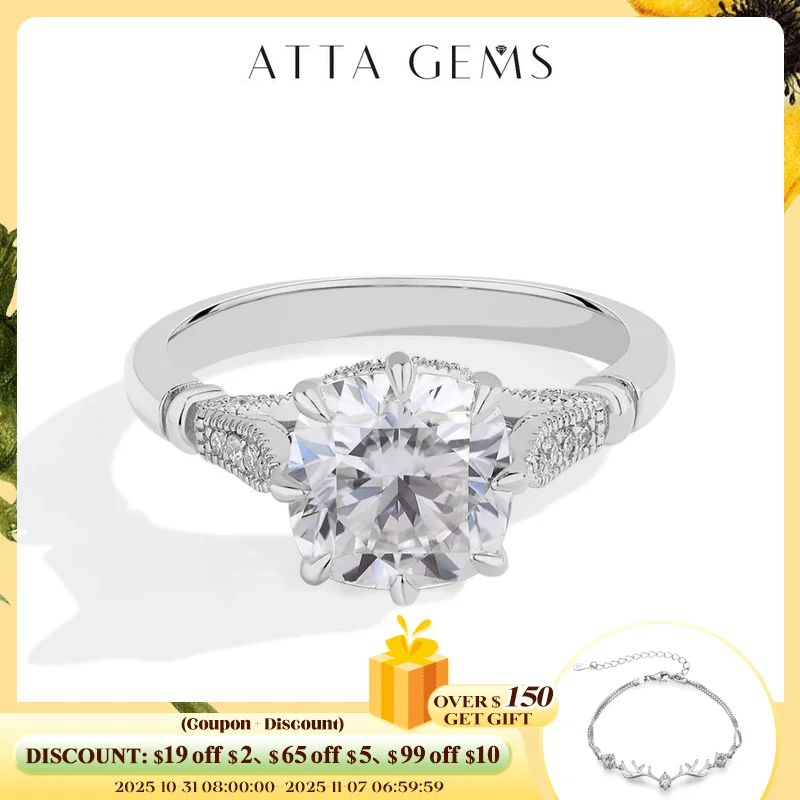 

ATTAGEMS Excellent Cushion Cut 2.5CT Moissanite Rings D Color 100% 925 Sterling Silver Real Engagement Wedding Jewelry for Women