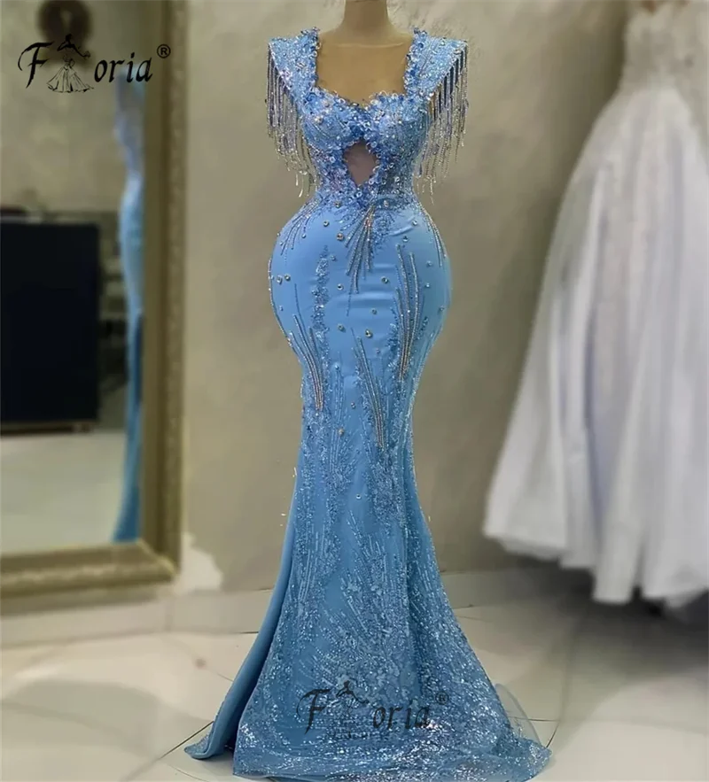 Dubai abiti da sera a sirena con perline blu chiaro con maniche ad aletta abito da ballo in cristallo con nappe abiti da formales personalizzati