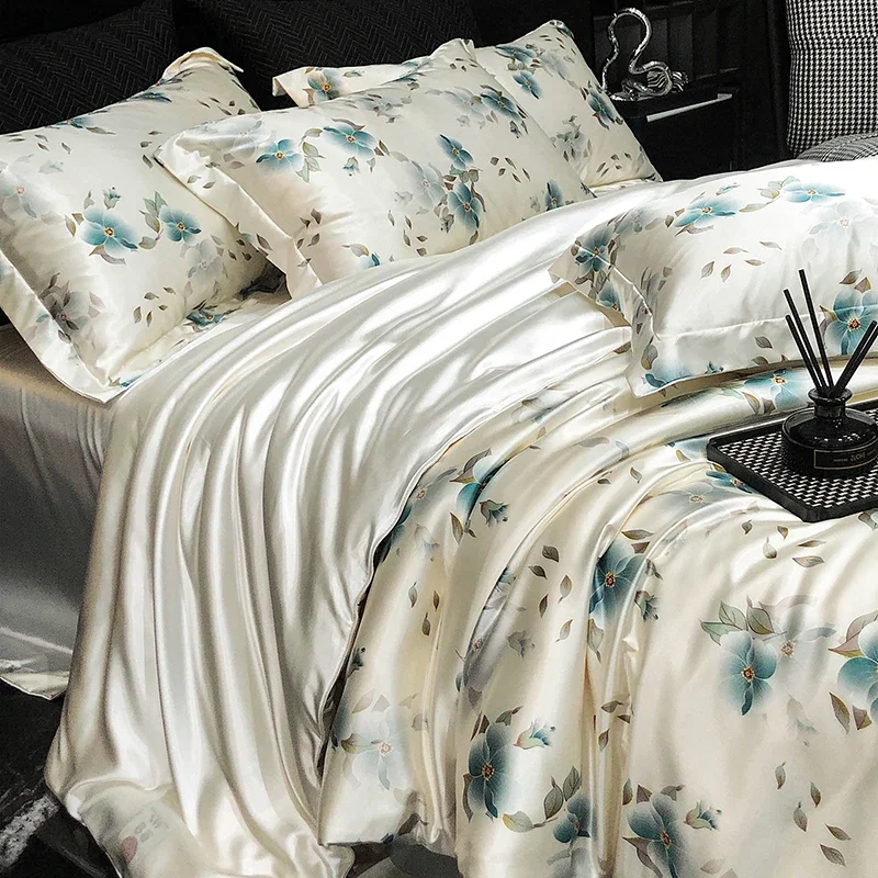 Luxury Mulberry Silk Duvet Cover High End Floral Printed Bedding Set Queen King Ice Silk Comforter Cover Bed Sheets Pillowcases