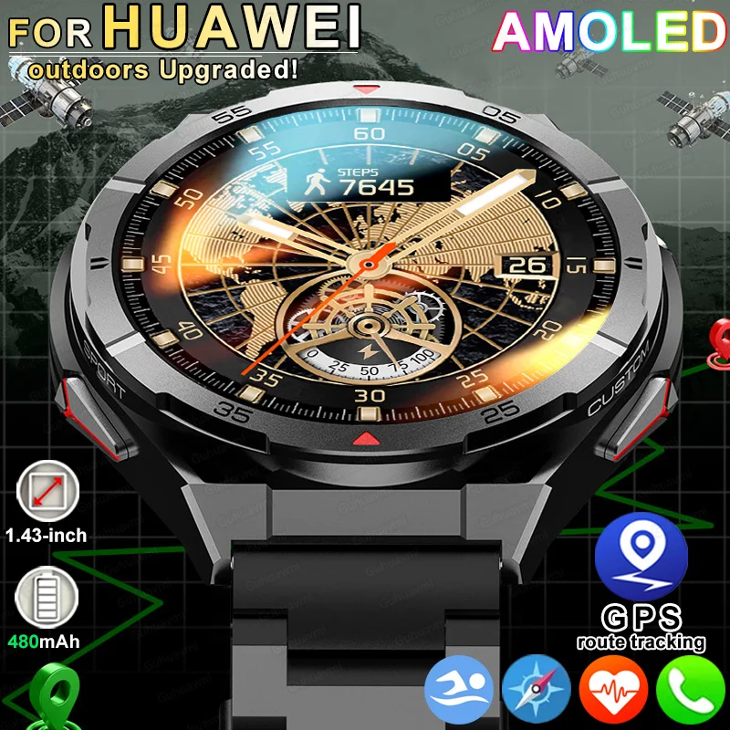 For HUAWEI GPS Sport Smart Watch Men 1.43 inch HD AMOLED Screen Compass Bluetooth Call Heart Rate Waterproof smart watch 2025New