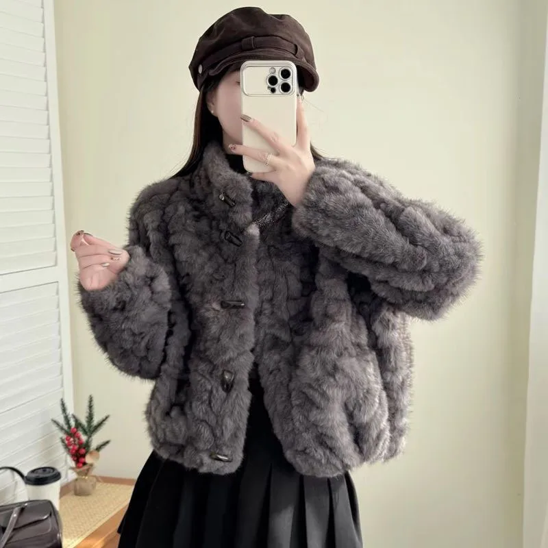 Womens Short Faux Fur Coat Fashion Holiday Party Soft Fluffy Artificial Fur Jacket Winter Horn Button Stand Collar Plush Outwear
