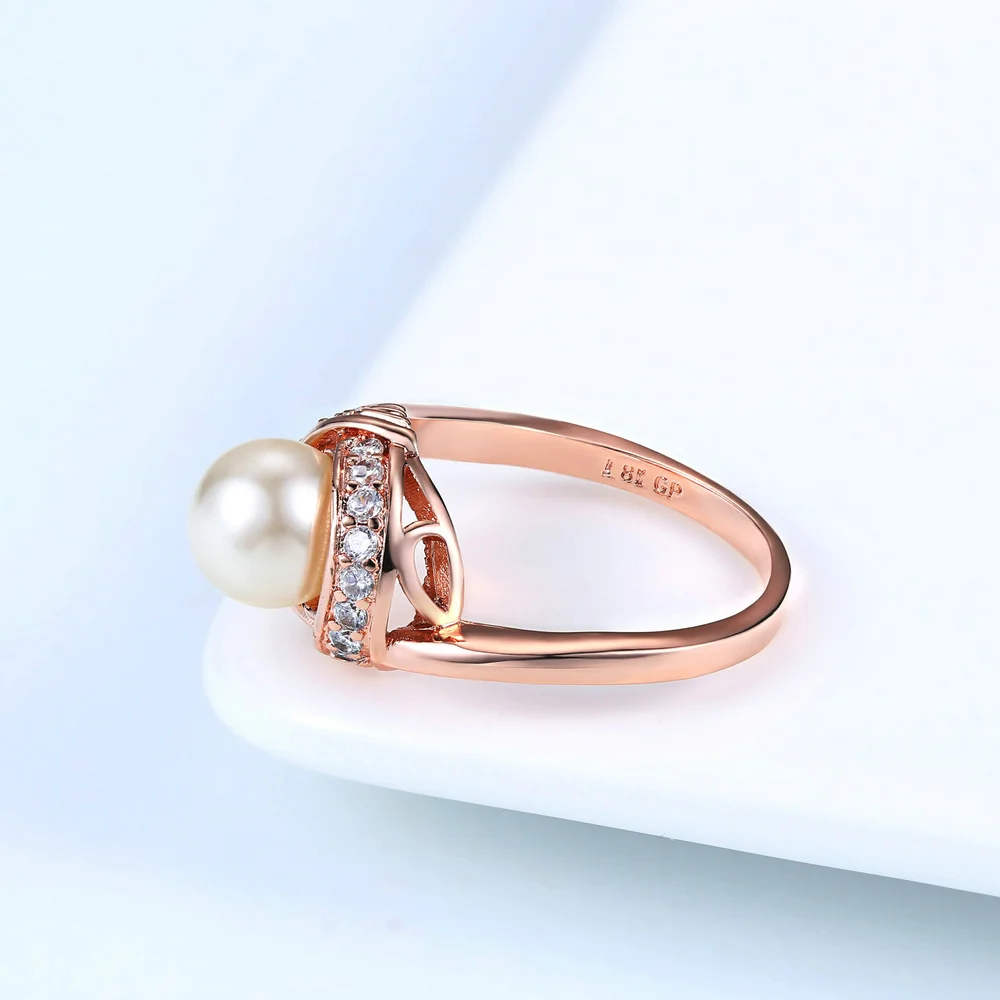 Fashion Brand Austrian Crystal Rose Gold Color Simulated Pearl Rings for Women Wedding Vintage New Jewelry R676