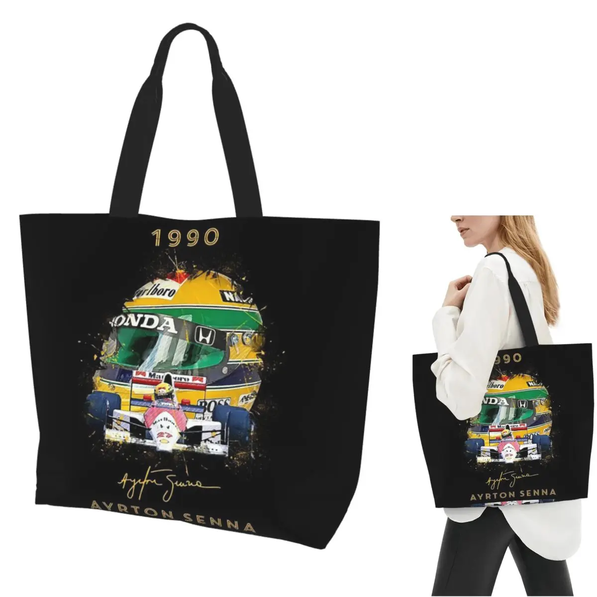 

Ayrton Senna Racing Cars Shopping Tote Bag Canvas Large Capacity Shoulder Bags Shopper Grocery Handbag for Women