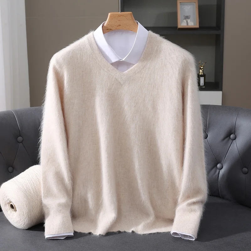 High Quality  Men Long Sleeve Knitwear  Sweater Autumn  And  Winter V-Neck 100%  Mink Cashmere  Soft  Warm  Clothing  Tops