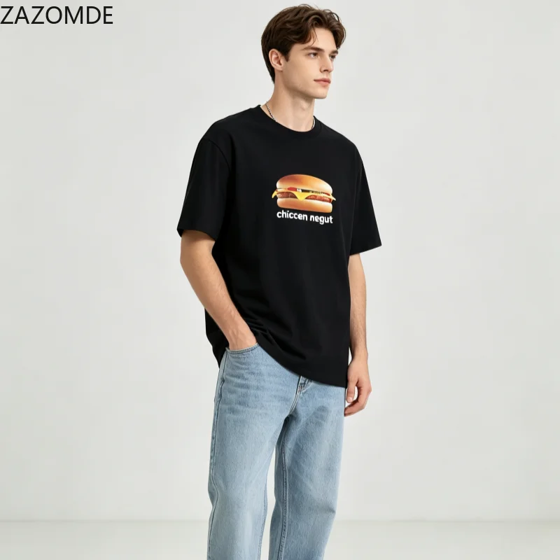 ZAZOMDE Y2K Aesthetic Burger Printed T Shirts Retro Harajuku Streetwear Unisex Loose Short Sleeve Casual Food Cotton Tops