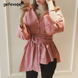 Women's Korean Fashion Lace Up Striped Blouse V Neck Asymmetrical Button Up Shirt Casual Long Sleeve Loose Tops Elegant Blusas