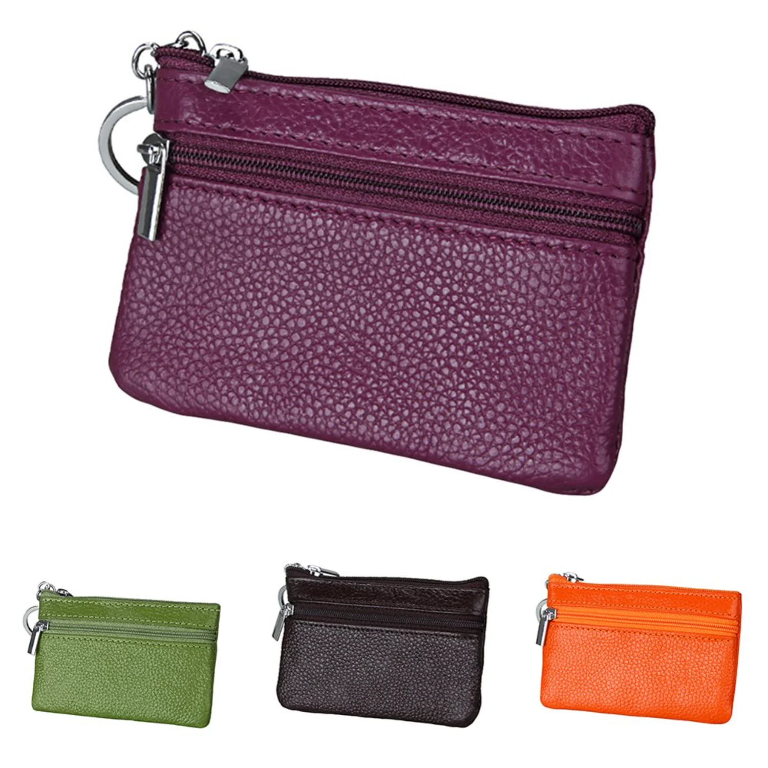 Women Genuine Leather RFID Blocking Mini Wallet Key Ring Zip Coin Purse