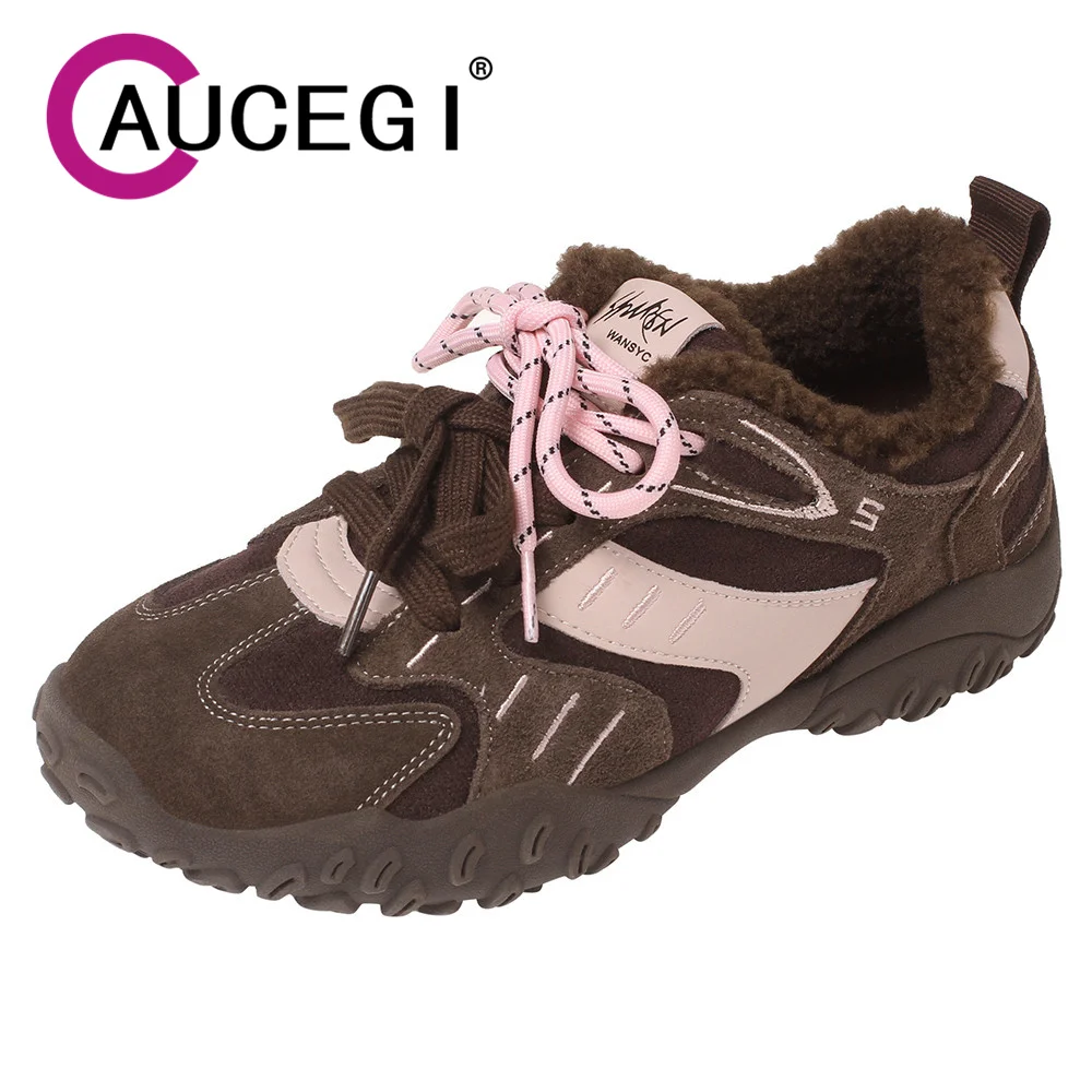 Aucegi Classic Style Women Splicing Cow Suede Flat Bottom Sneakers Round Toe Spring Autumn Lace Up Breathable Casual Shoes