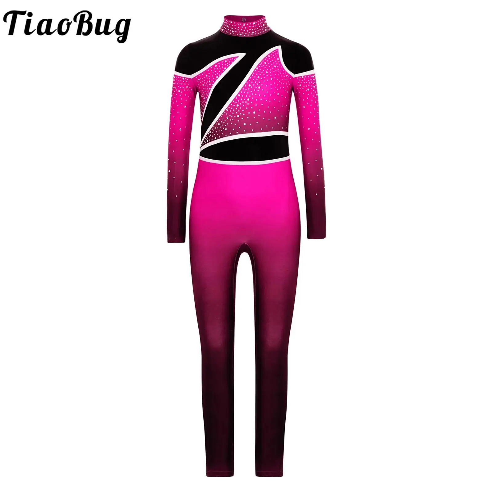 

Girls Dance Gymnastics Leotard Performance Costume Jumpsuit Skating Dresses Gradient Print Long Sleeve Rhinestones Full Bodysuit
