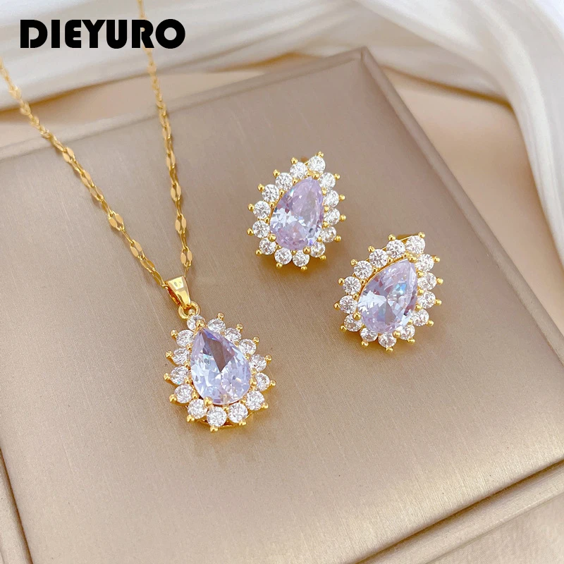 DIEYURO 316L Stainless Steel Water Drop Flower Crystal Pendant Necklace Earrings For Women Girl New Trend Jewelry Set Gift Party