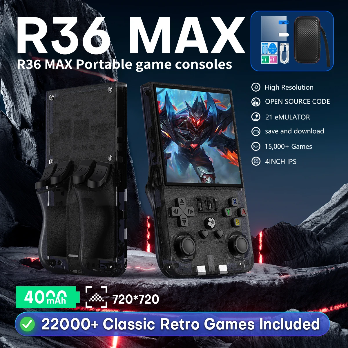 오픈 소스 R36MAX 휴대용 비디오 게임 플레이어 콘솔 18000+ 게임 레트로 휴대용 게임 콘솔 4.0 인치 IPS 스크린 Linux 시스템