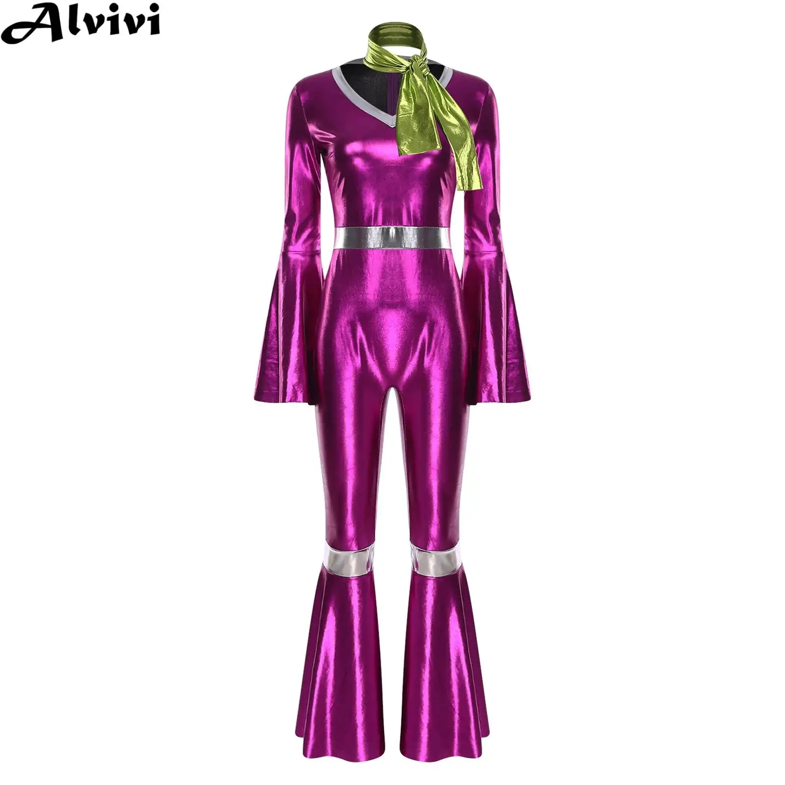 

Женский костюм для дискотеки в стиле 70-х: блестящий металлизированный комбинезон с расклешенными рукавами и шарфом для Хэллоуина, карнавала, косплея