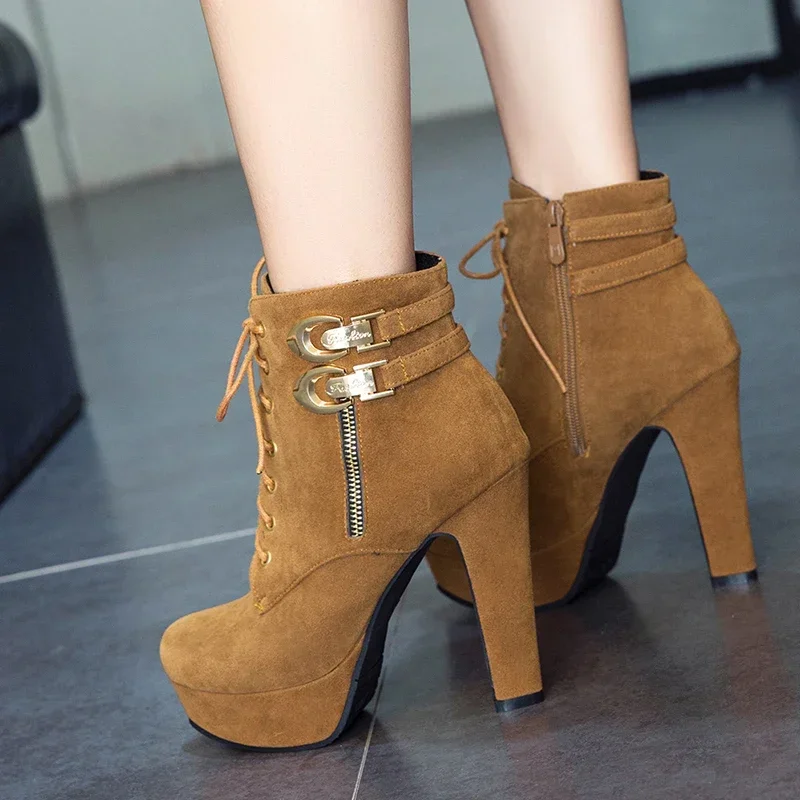 2024 New Autumn Ankle Boots for Women Platform High Heels Shoes Woman Buckle Short Booties Casual Faux Suede Footwear