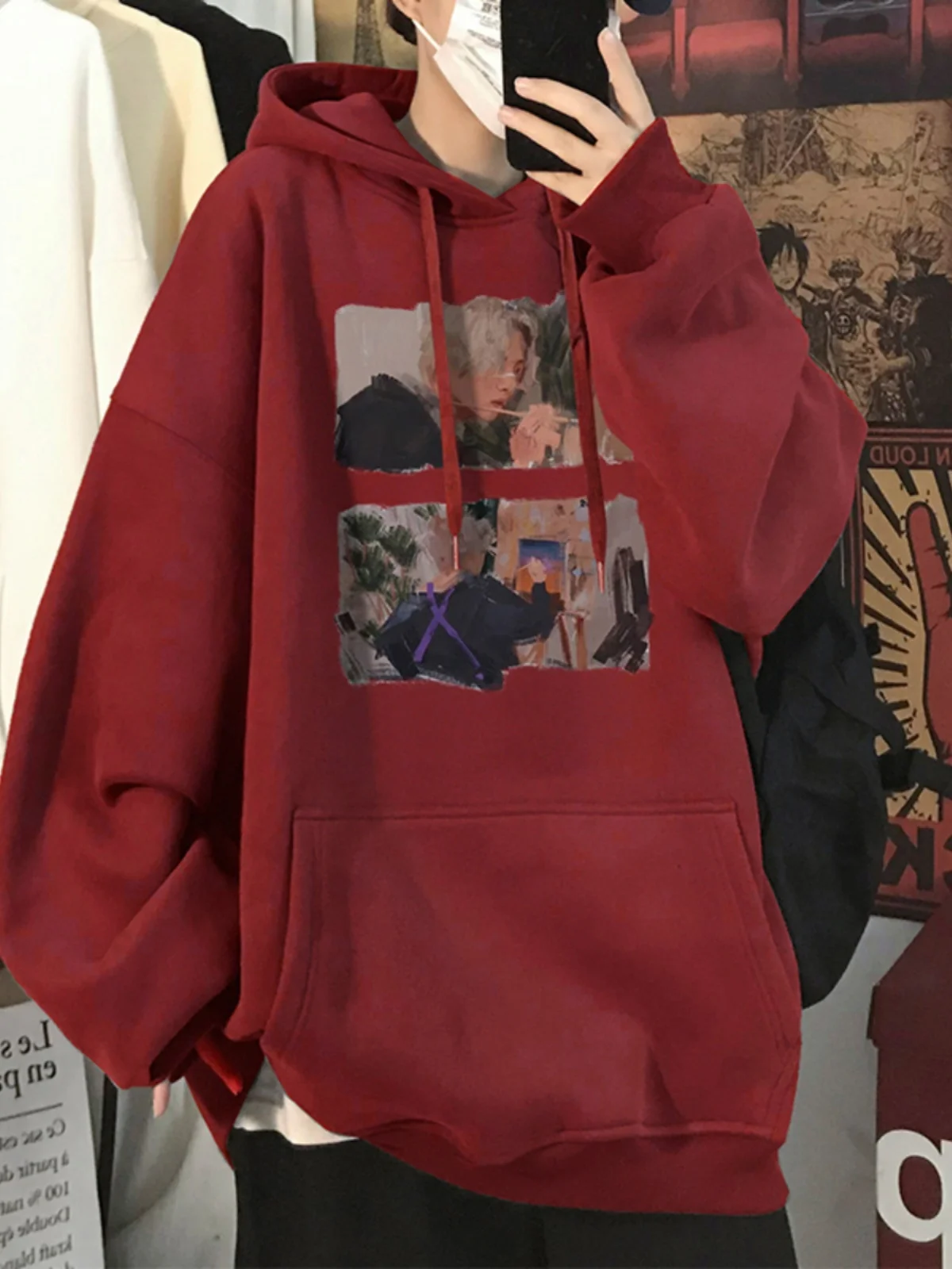 

Мужская утепленная толстовка американского кроя цвета красного вина из чистого хлопка, осенняя, с двойным слоем вельвета, с капюшоном, оверсайз