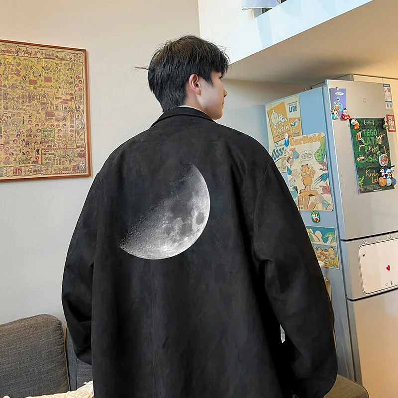 

Men's Oversized Jackets Artificial Suede Moon Print 5XL Coat Pu Leather Casual Wear Autumn Jacket Unisex Clothes Outerwear