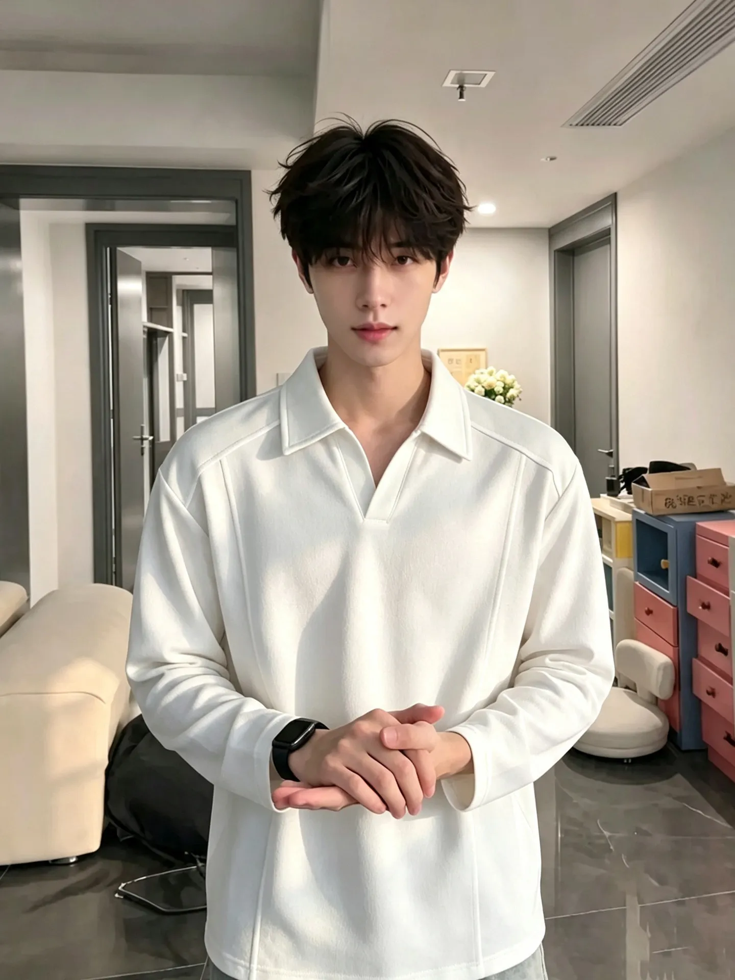 White Seagull Collar Long Sleeve  Shirt for Men Autumn American Splice Shoulder Flip Collar Sweatshirt Commute Outfit