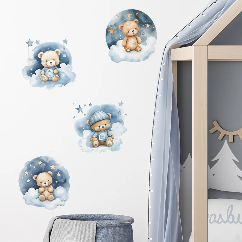 Cartoon Good Night Bear Wall Sticker Kids Room Decor Removable Wallpaper Baby Bedroom Background Decoration Self-adhesive Decals