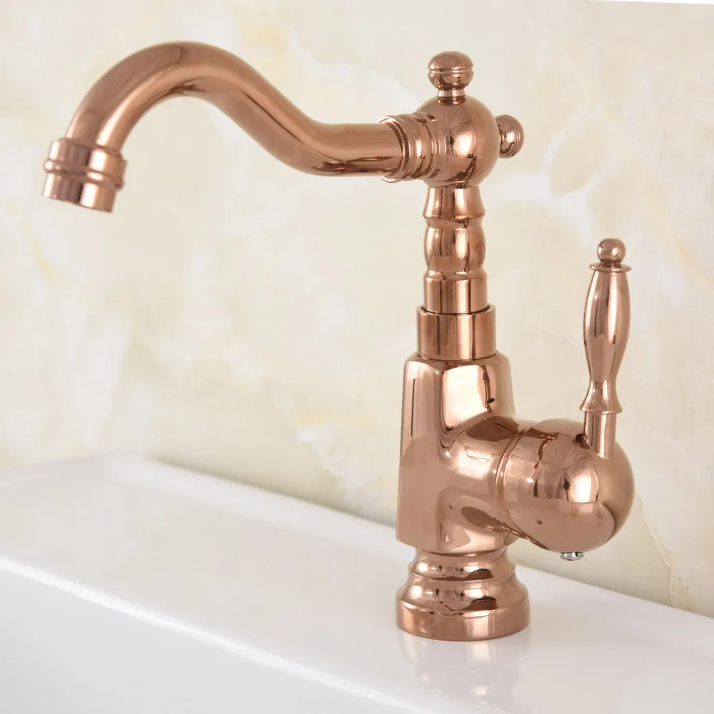 Rose Gold Color Brass Single Handle Faucet, Banheiro e Pia de Cozinha, Deck-montado Mixer Tap, Um Buraco, Bico Giratório, mnf708