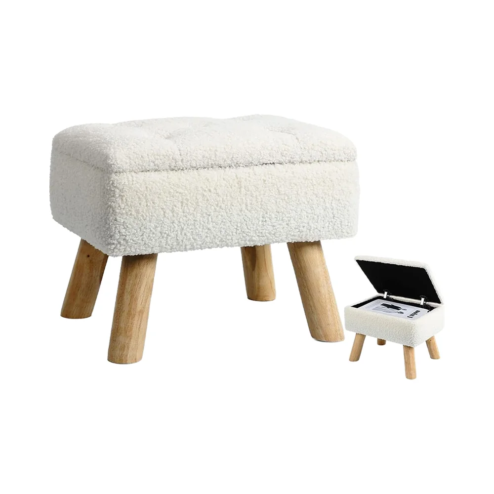 

Modern small cream teddy velvet thickened seat storage ottoman makeup chair with sturdy wooden legs for living room bedroom sofa