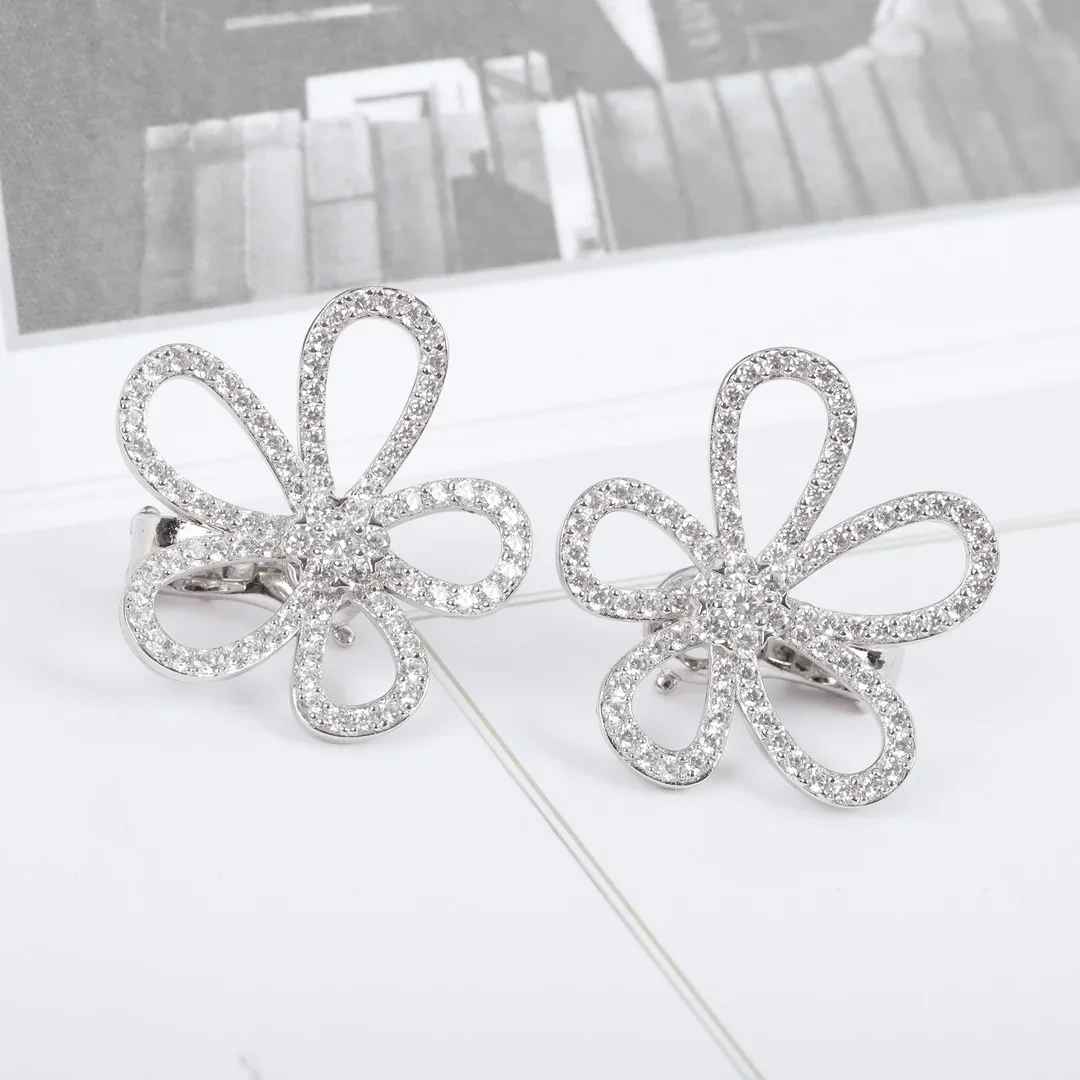 

Fine Jewelry 925 Silver Platinum Famous Brand Big Flower Earrings Woman Top Quality Luxury Designer Runway Gift Trendy