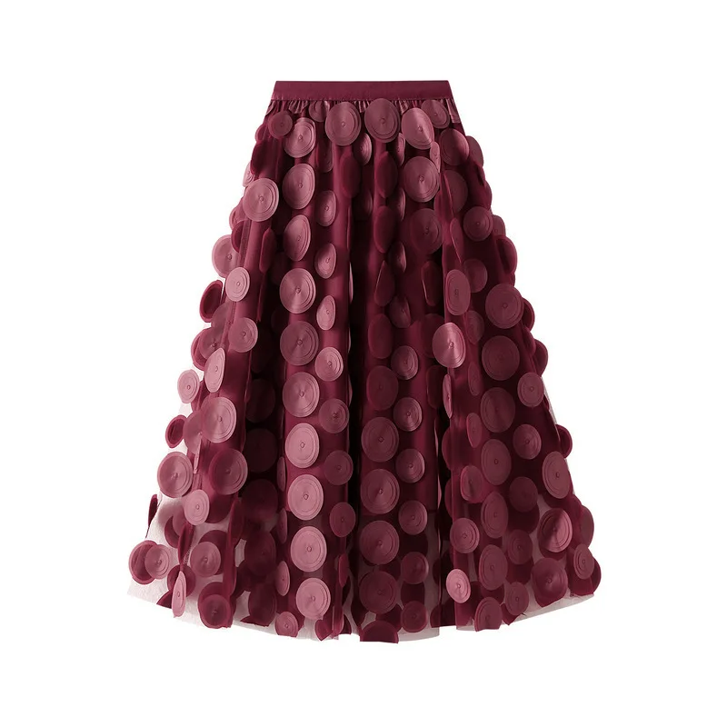 New In Spring Summer 3D Circular Applique Mesh Long Skirts 2025 Korean Fashion Hepburn Style High Waist A-line Faldas