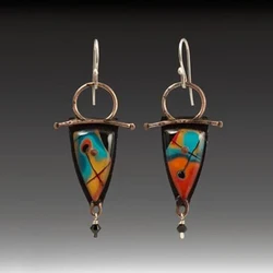 Tribal Triangle Painting Drop Earrings For Women Vintage Jewelry Bronze Metal Crystal Pendant Dangle Earrings