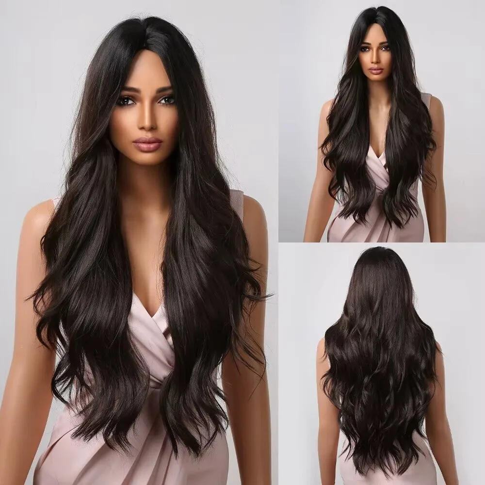 

Long Black Synthetic Wigs Middle Part for Black Women Wavy Cosplay Natural Hair