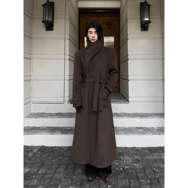 

Brown Wool Blended Multi-form Stand-up Collar Long Woolen Coat