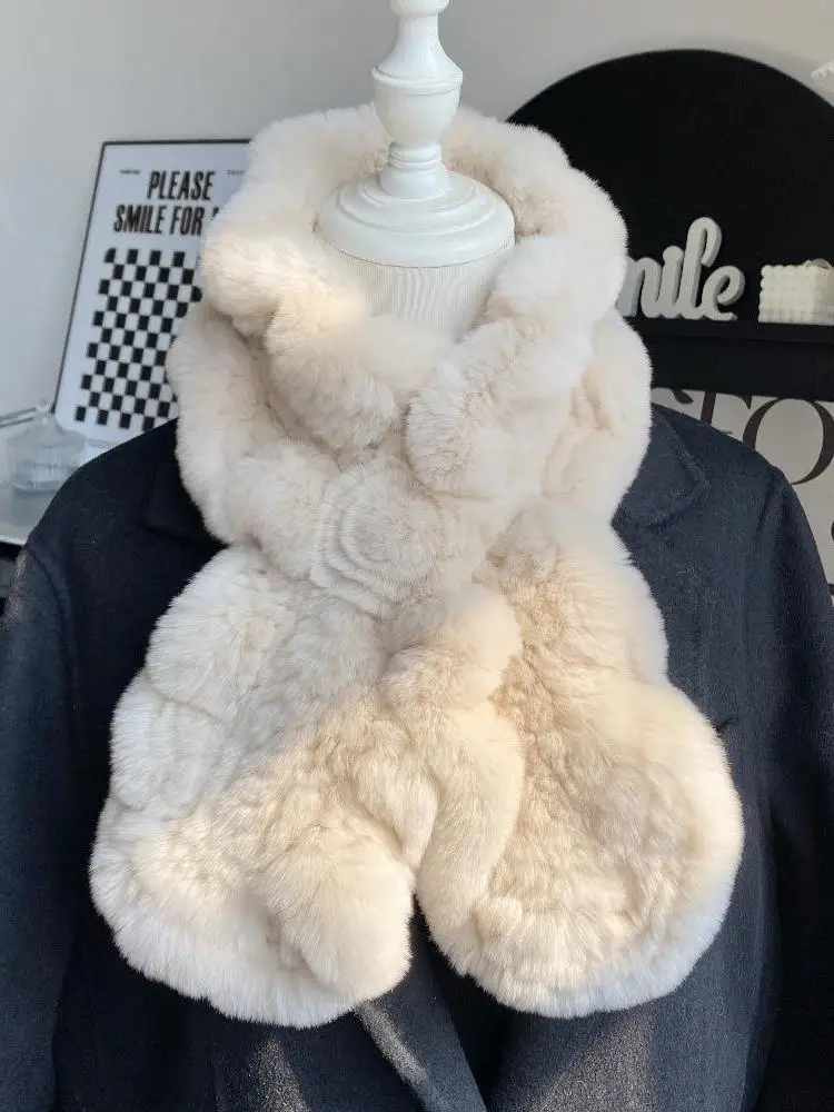 korean-style-thickened-rabbit-fur-scarf-women's-autumn-winter-double-sided-knitted-warm-plush-fur-scarf-with-fur-collar