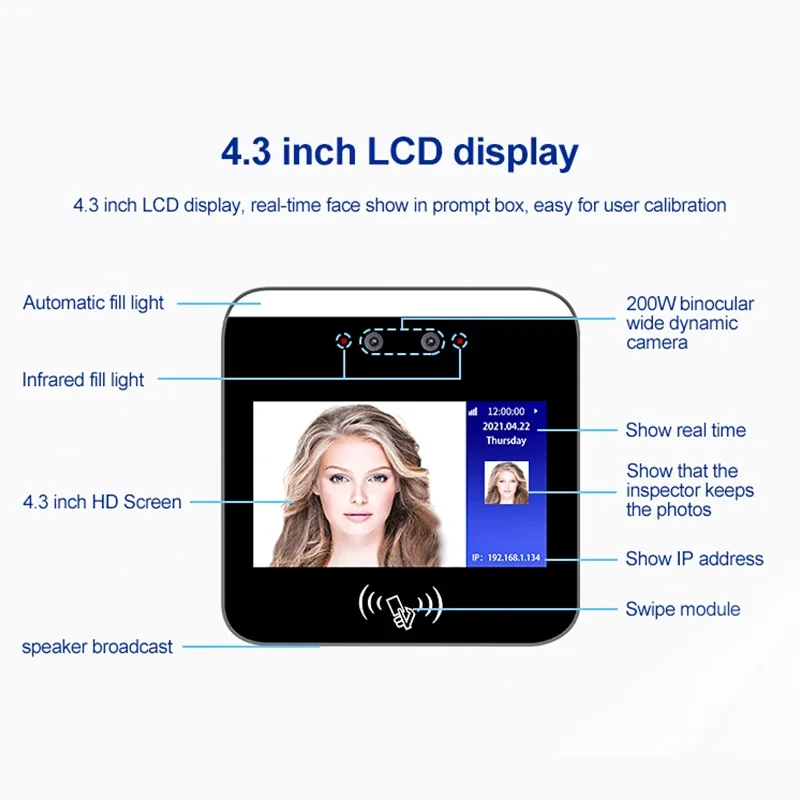 High resolution camera face recognition time attendance access control card reader door access control products