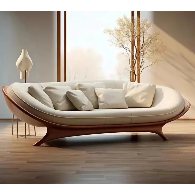 Modern combination sofa, walnut base, curved modular leather sofa, hotel bedroom