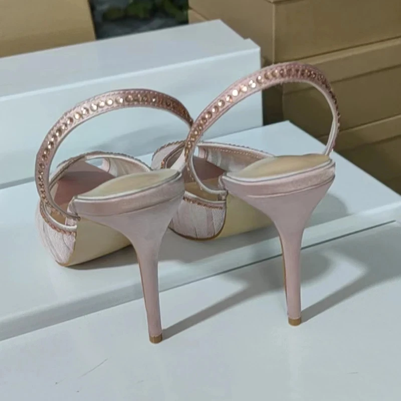 Luxury Satin Rhinestone High Heel Pumps Woman Open Toe Mesh Slingback Stiletto Heels Lady Sexy Crystal Party Dress Shoes