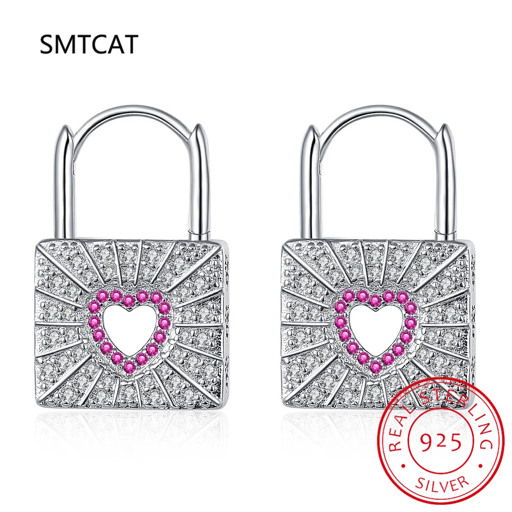 

925 Sterling Silver Delicate Zircon Lock Ear Buckle Hollow Out Pink Heart Hoop Earring for Women Romantic Fine Jewelry Huggies