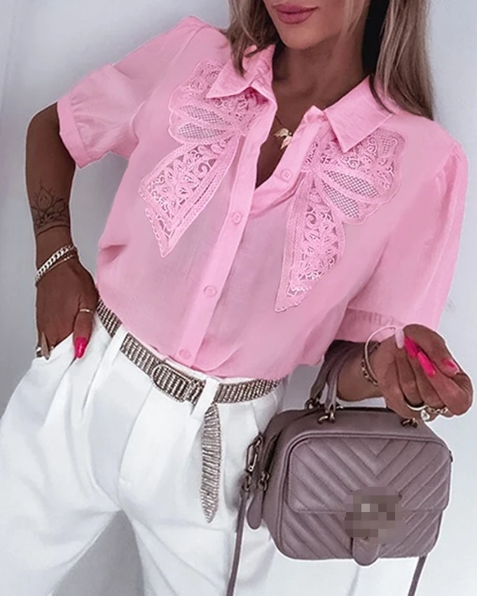 Elegant Office Lady Shirts for Women Hollow Out Button Up Bowknot Decor Contrast Lace Patchwork Short Puff Sleeve Top Blouse