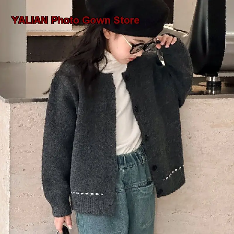 Girls Knit Top Kids Autumn Winter V-Neck Button Front Stylish Jacket Medium-Large Kids Older Kids
