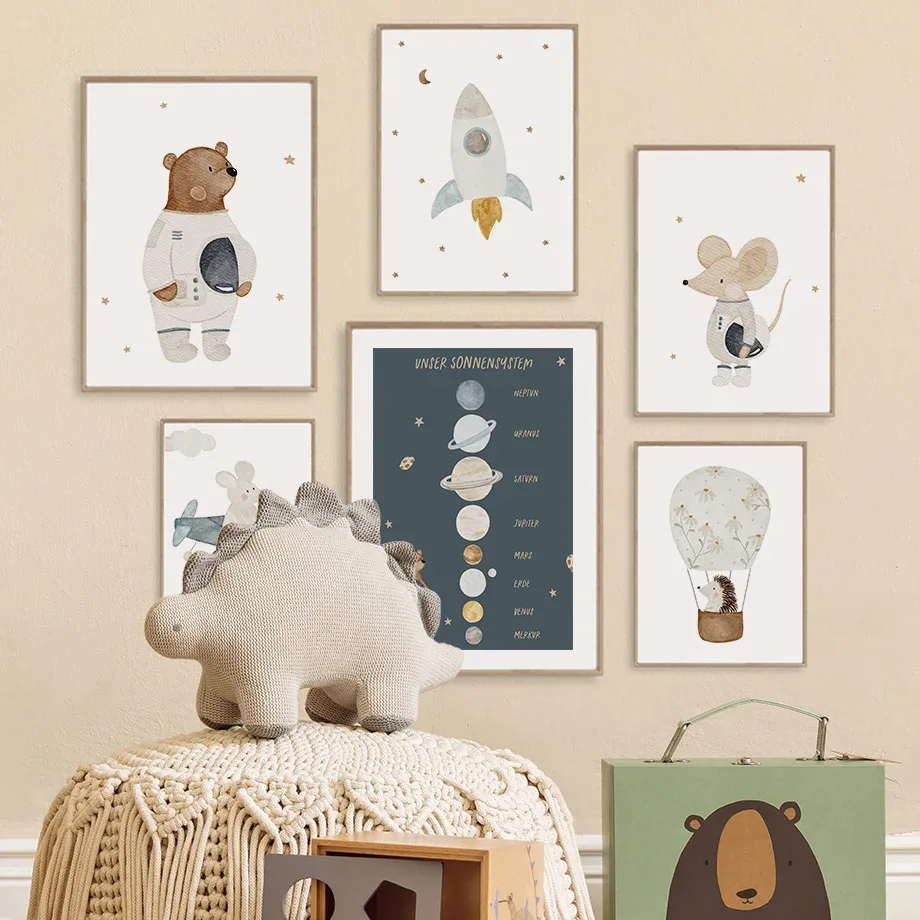 Boho Cartoon Space Astronauts Planet Posters Prints Bear Hedgehog Canvas Painting Wall Art Pictures Baby Kids Room Home Decor