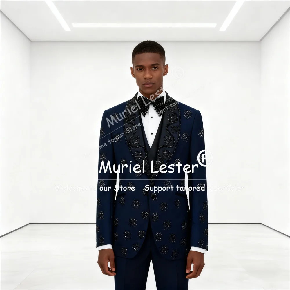 

Metallic Jewelry Stoned Wedding Tuxedos Suits Slim Fit Shawl Lapel Groom Blazers Customized 3 Pieces Sets Men Outfits Attirte
