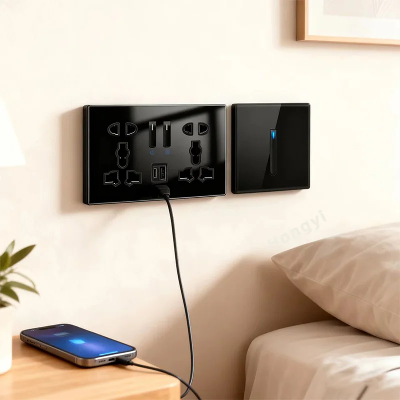 Wall lamp toggle retro switch panel tempered glass key self-resetting wall switch socket, UK EU universal USB charging socket