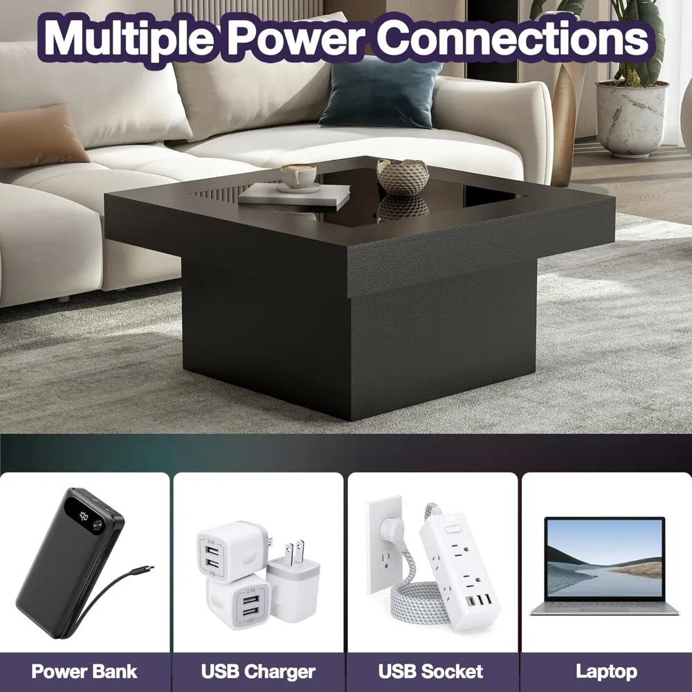 طاولات القهوة الحديثة باللون الأسود من FKWin - طاولة قهوة مربعة بمرآة عمق لا نهاية له مع أضواء LED، طاولة سوداء لغرفة المعيشة، مزاج #6