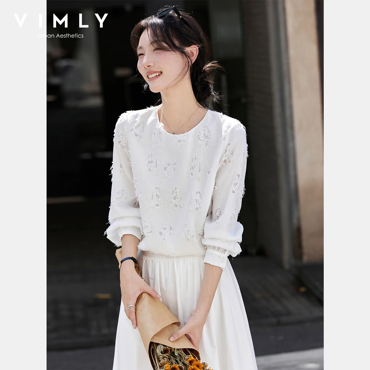 VIMLY Women's White Tassel Blouse Fall 2025 Sweet Style Lantern Sleeve Long Sleeve Tops for Woman Round Neck Ladies Blouse A3077