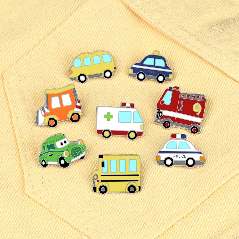 Creative Car Pin Brooch Lovely Cartoon Ambulance Bus Taxi Grab Enamel Brooches Kid Schoolbag Hat Badges Jeans Lapel Pins Jewelry