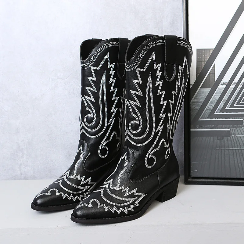 Women Mid Calf Western Boots Cowboy Pointed Toe Knee High Pull on Boots Ladies 2022 Fashion Leather Embroidery Botas Mujer 35-43