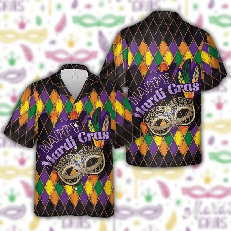 

Рубашка в гавайском стиле для мужчин и женщин на Марди Гра, пляжная рубашка с цветочным узором и пуговицами, топ для карнавала Fat Tuesday